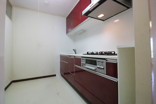 アースカラーのシステムキッチンは独立キッチン　家事効率の良い廊下側とリビング側の２WAYです。