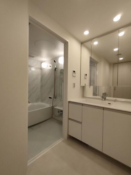 白を基調とした清潔感のある洗面室。タオルや洗剤のストックが置けるリネン庫が備え付けられています。