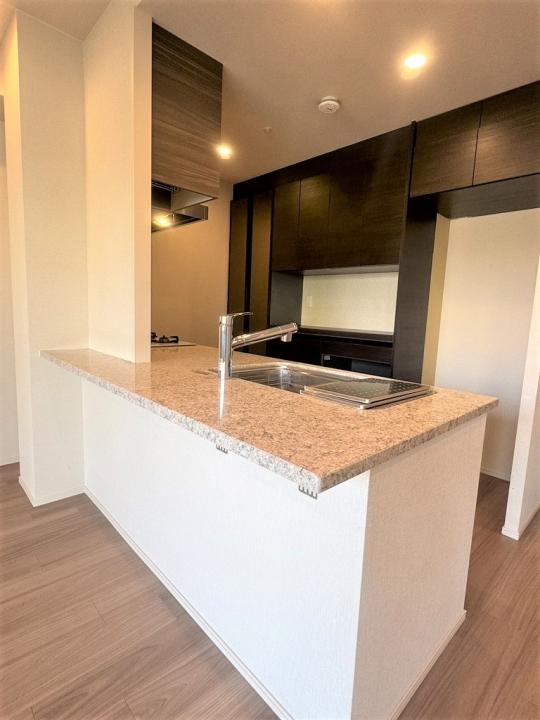 重厚感のある大理石天板のシステムキッチン