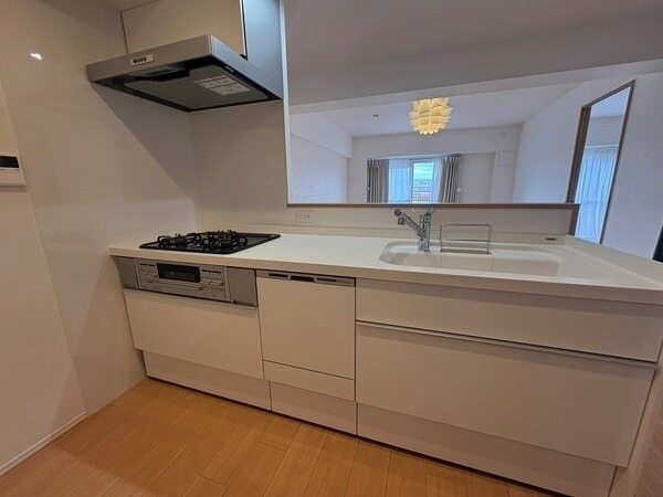 同時調理が叶う3口コンロや、食後の時間に余裕が生まれる食器洗乾燥機が搭載されたシステムキッチンです。