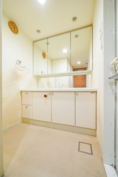 横幅があり足元・鏡裏に収納がある三面鏡の洗面化粧台