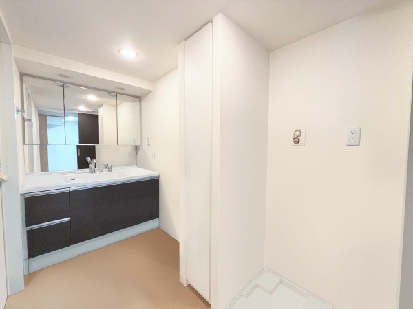 3面鏡が備わった洗面化粧台。ボウルとカウンターはお手入れのしやすい一体型です。