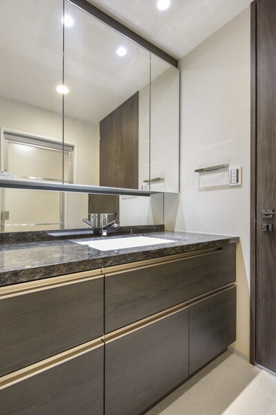 ホテルライクな3面鏡付き洗面化粧台。鏡裏やボウル下、洗面台横に収納があり、すっきり片付きそうです。