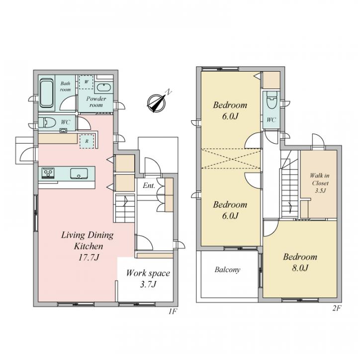 建物プラン 1階55.06m2 2階50.51m2 延面積105.57m2