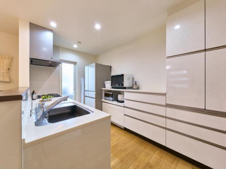 ソフトクロージング、食器洗洗浄機、シャワー水栓、ホーロー底板、三口ガスコンロ