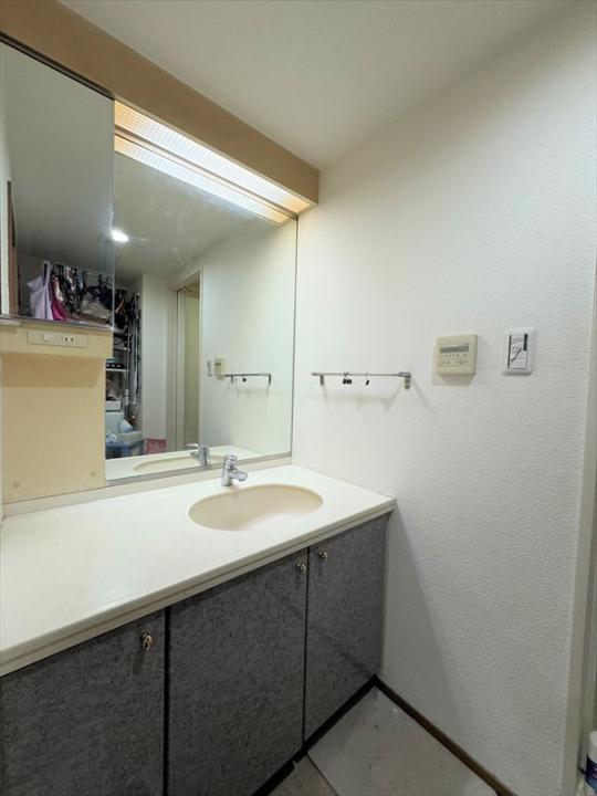 一面鏡の洗面台。洗面ボウルが端に寄せられ作業スペースの広さも魅力です。